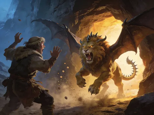 Prompt: Shepperd recoils in fear whilst a manticore emerges from a caveopening