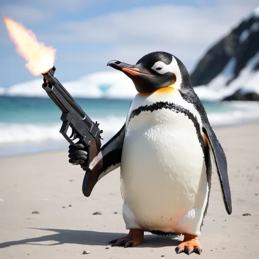 Prompt: A penguin that is savage now make the paint one tries to shoot everyone in the world with a gun