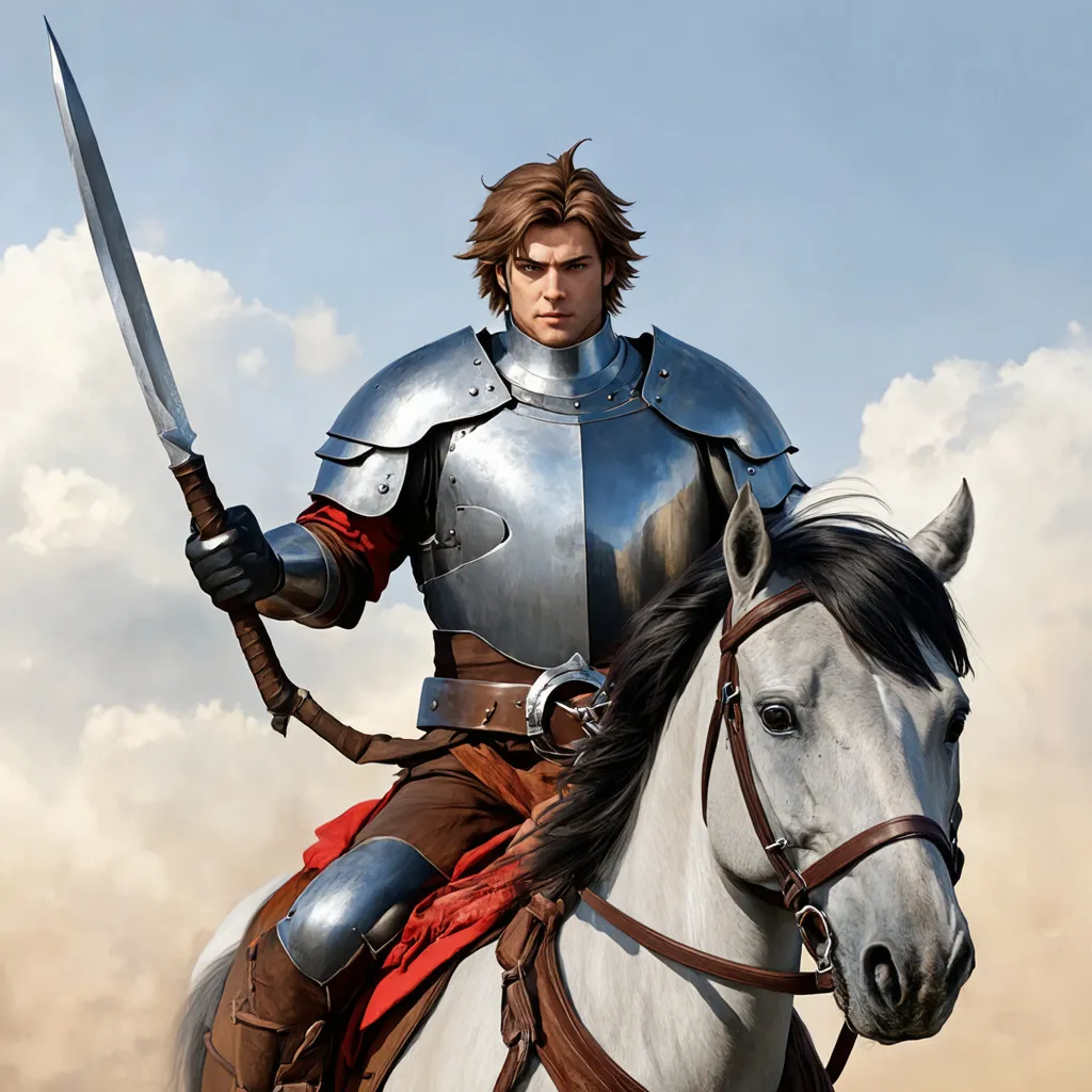 Prompt: Armored Knight with brown hair and eyes with Sabre in his Right Hand on Horseback