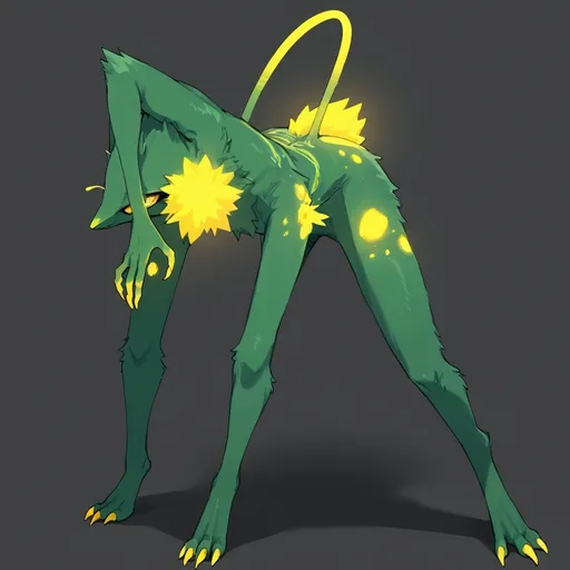 Prompt: a alien furry with green fur, alien antennae, and a green tail with a golden glowing tip at the end. Xyr eyes appeared to be slanted in and closed, there was also a yellow star on Gnarpy's chest, and xyr legs had a line pattern. Xe was also "fluffy," having a head, cheek, shoulder, and neck fur.