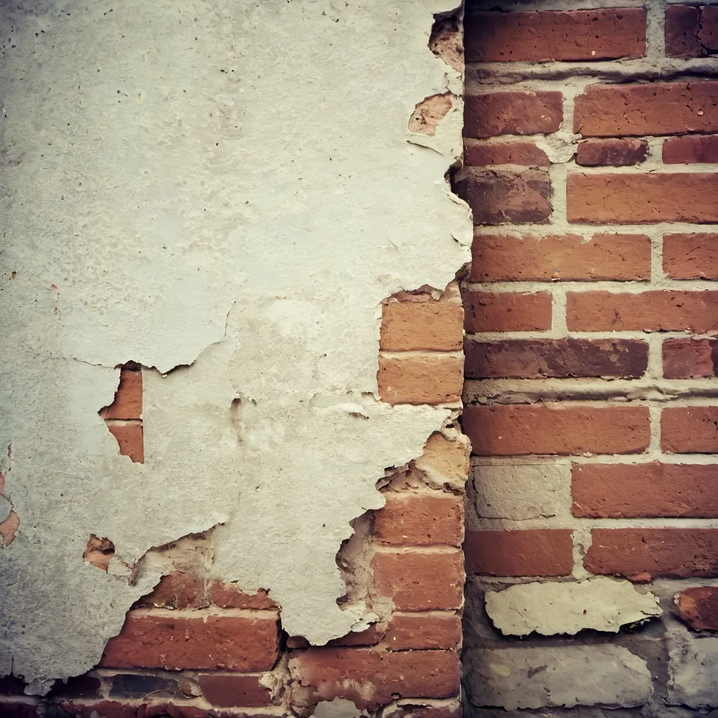 Prompt: Old rendered wall that is damaged and discolored. Decaying render showing a little bit of brick work.