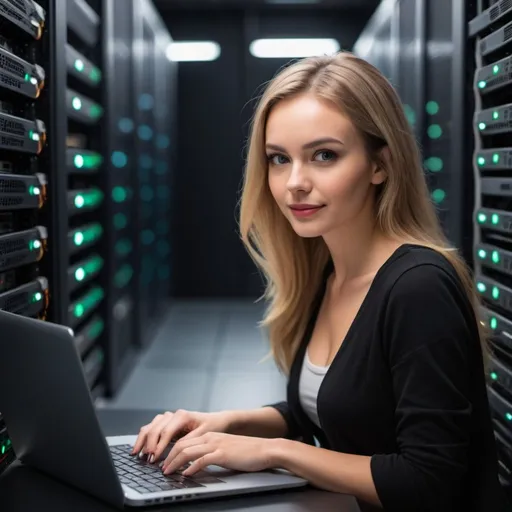 Prompt: 

beautiful, cute, attractive lady faceing us, and working on a laptop which is connected to firewalls which are in 42U network racks in data centre, lights in the background

