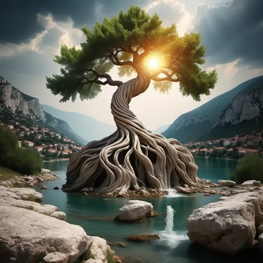 Prompt: For whatever focus, focus enlighted as graduated three row one whispered wind. 
A tree from three river related to the fuction of nature rock double headed phoenix wisdom illuminated albania for whatever peace supernatural style