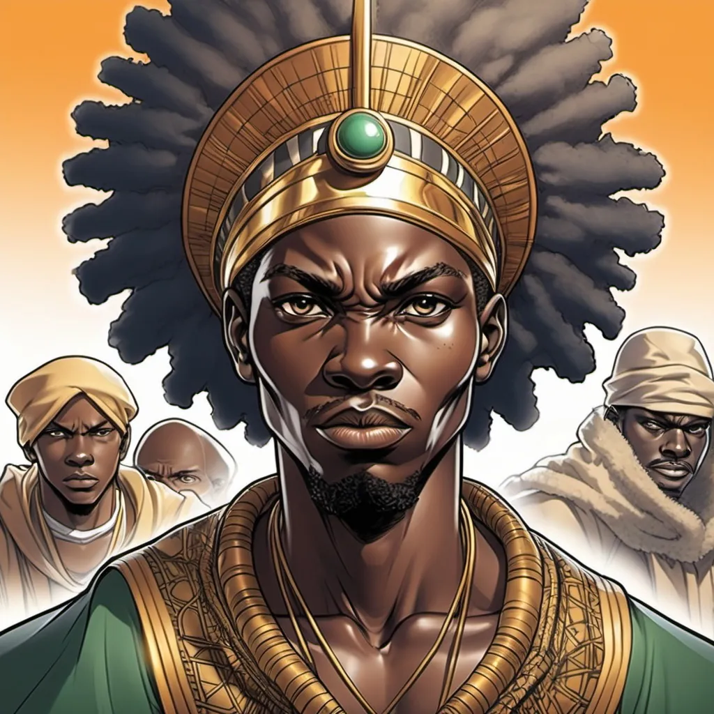 Prompt: Page de couverture manga 
 illustrons notre heros Africain qui est le roi d�chu apres avoir perdu sa perruque qui lui offrait sa puissance .