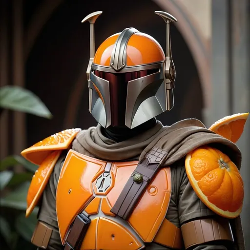 Prompt: The mandarin-lorian. A Star wars mandalorian character based on a mandarin orange.