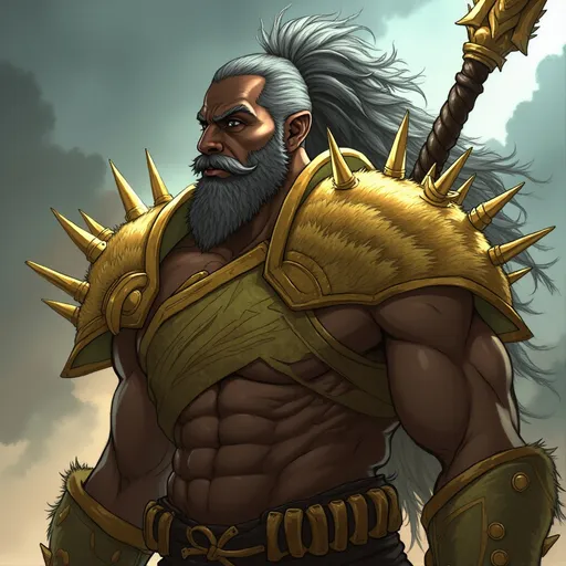 Prompt: Epic depiction a fierce, African-American that strongly resembles give him a long, gray, braided ponytail, a stick like a rope the cascades all the way down his back, almost to his feet give him one extremely huge, lying head shoulder pad made of gold and cover his torso with fur like feathers that are gold at the bastard and light green Starting at his neck all the way down to his feet  with a long gray ponytail  massive warrior with huge shoulders and his huge,  ponytail  and cascade his shoulder . His massive weapon is even more impressive and three times his size. Keep the weapon in its current style and give him huge spiky shoulder pads. 
