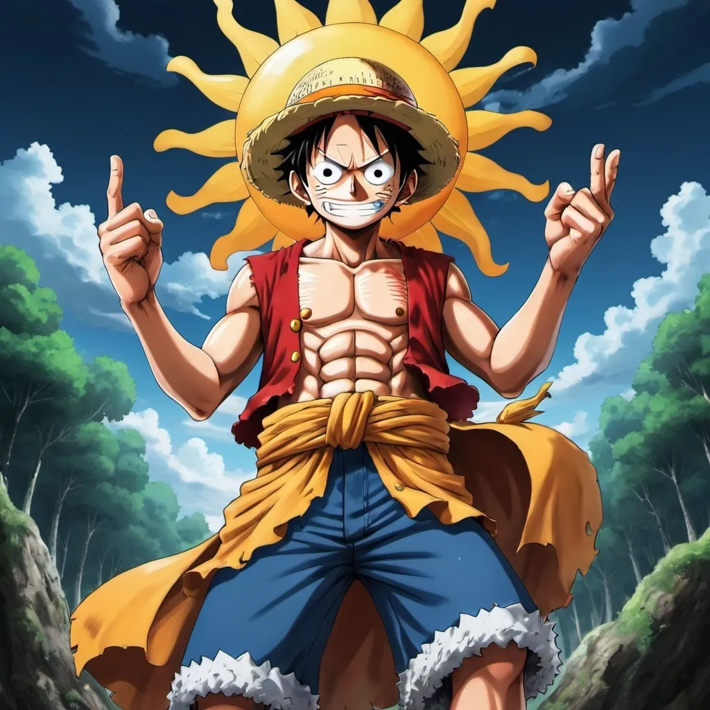 Prompt: I want you to create a poster of Nika the Sun god. One Piece Luffy. In his unique stance. Maybe in the sunlight with dark forest in the bottom