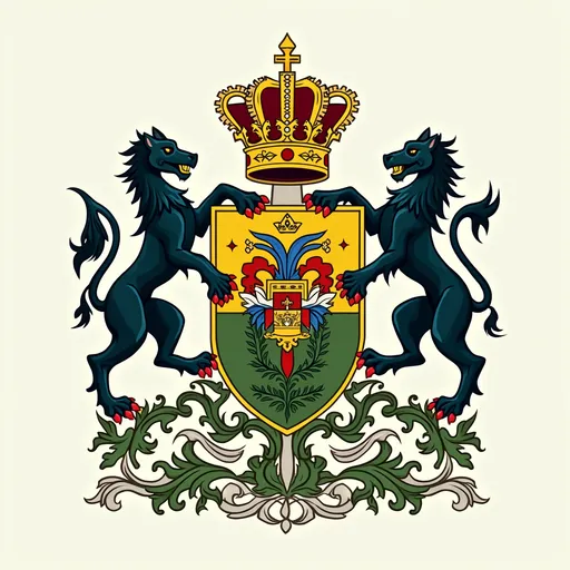 Prompt: Crie um brasão de família para a família Martins Canavarro, família de origem espanhola e francesa, com características da cultura seus países de origem, mas enfatizando a cultura do país onde houve a união das duas, o Brasil