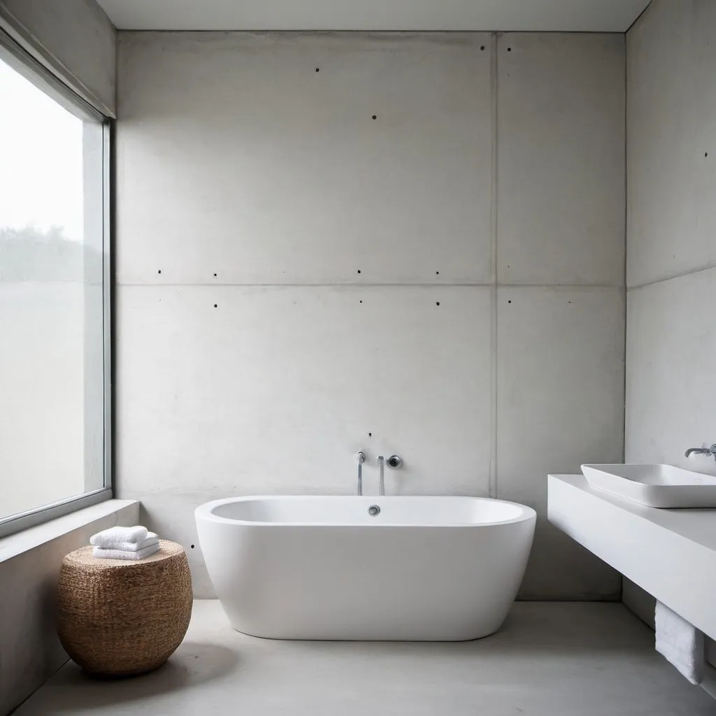 Prompt: bathroom with white plain concrete wall in the foreground.