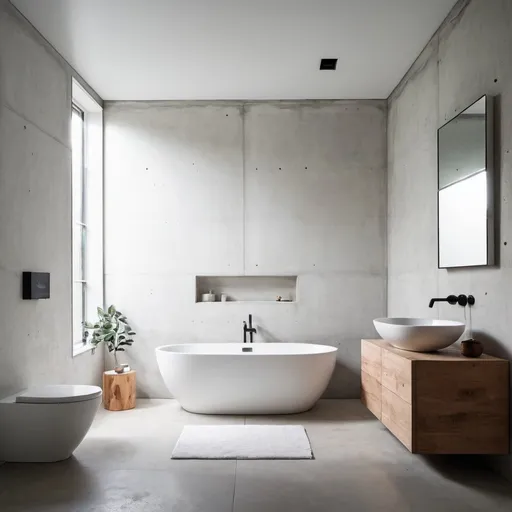 Prompt: bathroom with white concrete wall