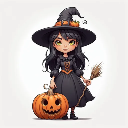 Prompt: Create an art line image of a cute witch in cartoon style holding a pumpkin in a white background, no shading