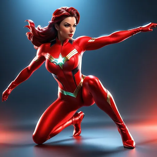 Prompt: Realistic full body view of a heroine figure in red spandex, attractive and dynamic pose, detailed musculature and realistic textures, vibrant red color tones, high-quality realistic rendering, dynamic lighting, professional superhero design, spandex material, professional, vibrant red, dynamic pose, detailed musculature, high quality, realistic, dynamic lighting