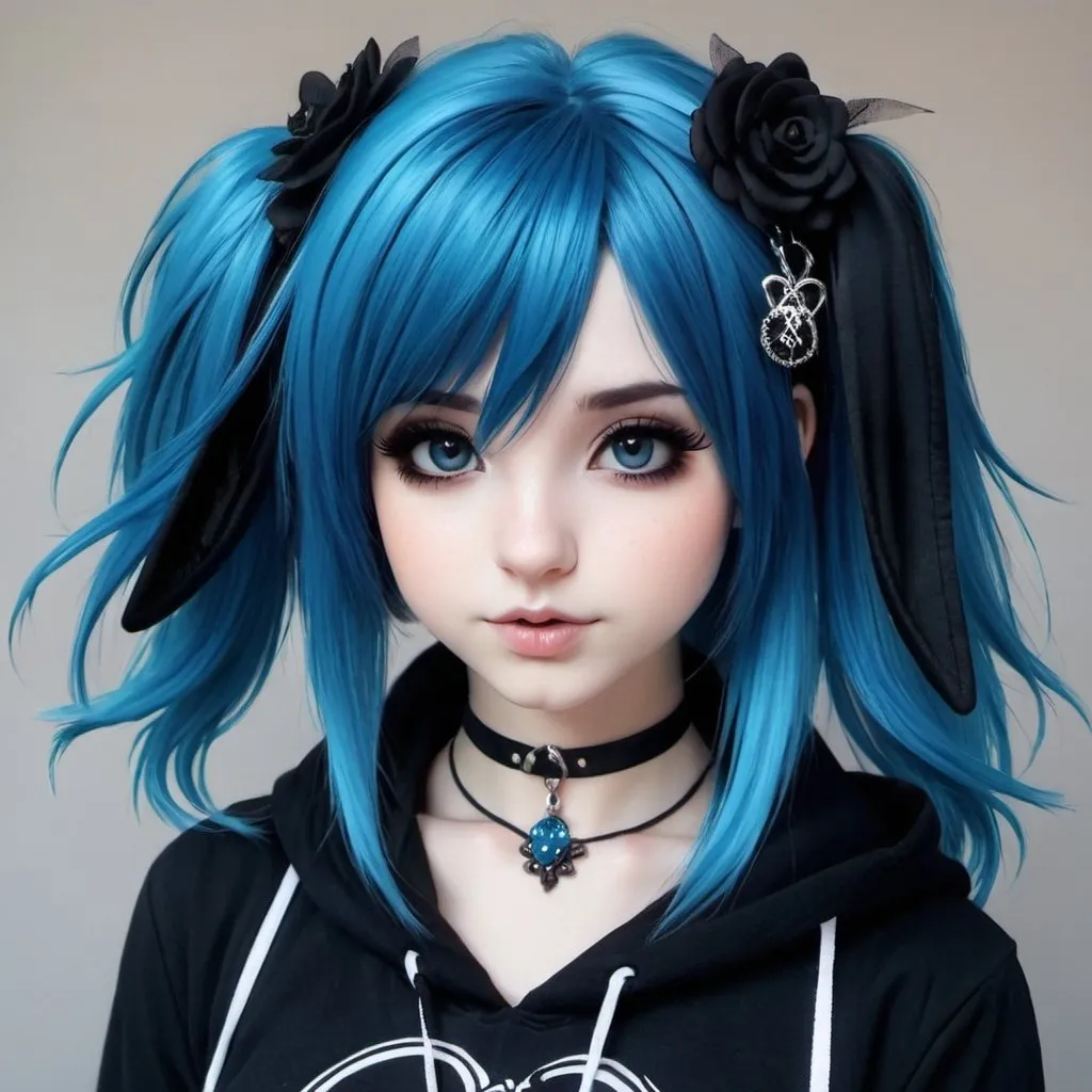 Prompt: Emo goth bunny girl, blue hair, cute, realistic, detailed