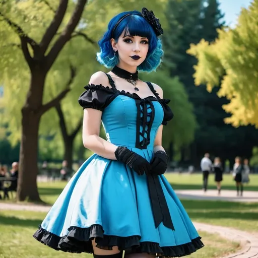 Prompt: Lolita goth with blue hair in dress posing outside in park, sunny day, wave gothic meeting, detailed background, full body view