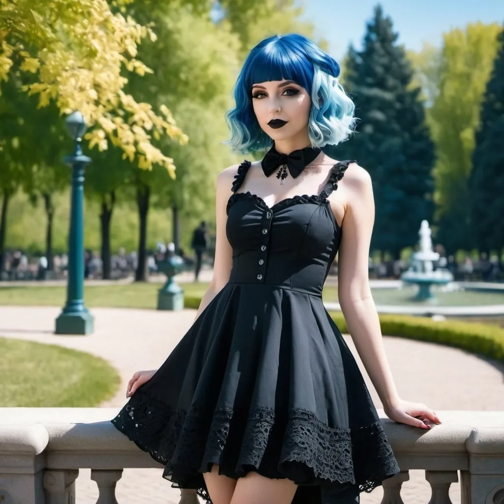 Prompt: Lolita goth with blue hair in dress posing outside in park, sunny day, wave gothic meeting, detailed background, full body view