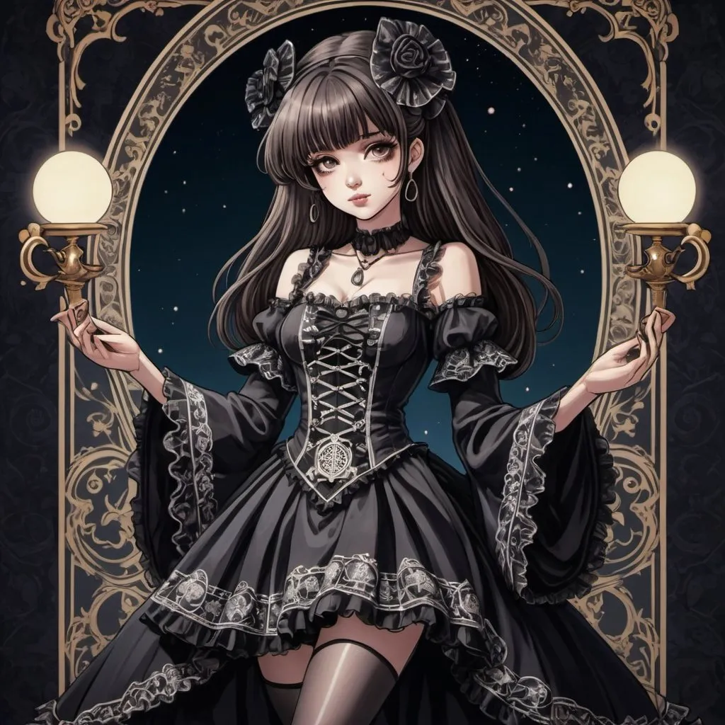 Prompt: tarot card Anime illustration, a gothic lolita, detailed ornate cloth robe, dramatic lighting