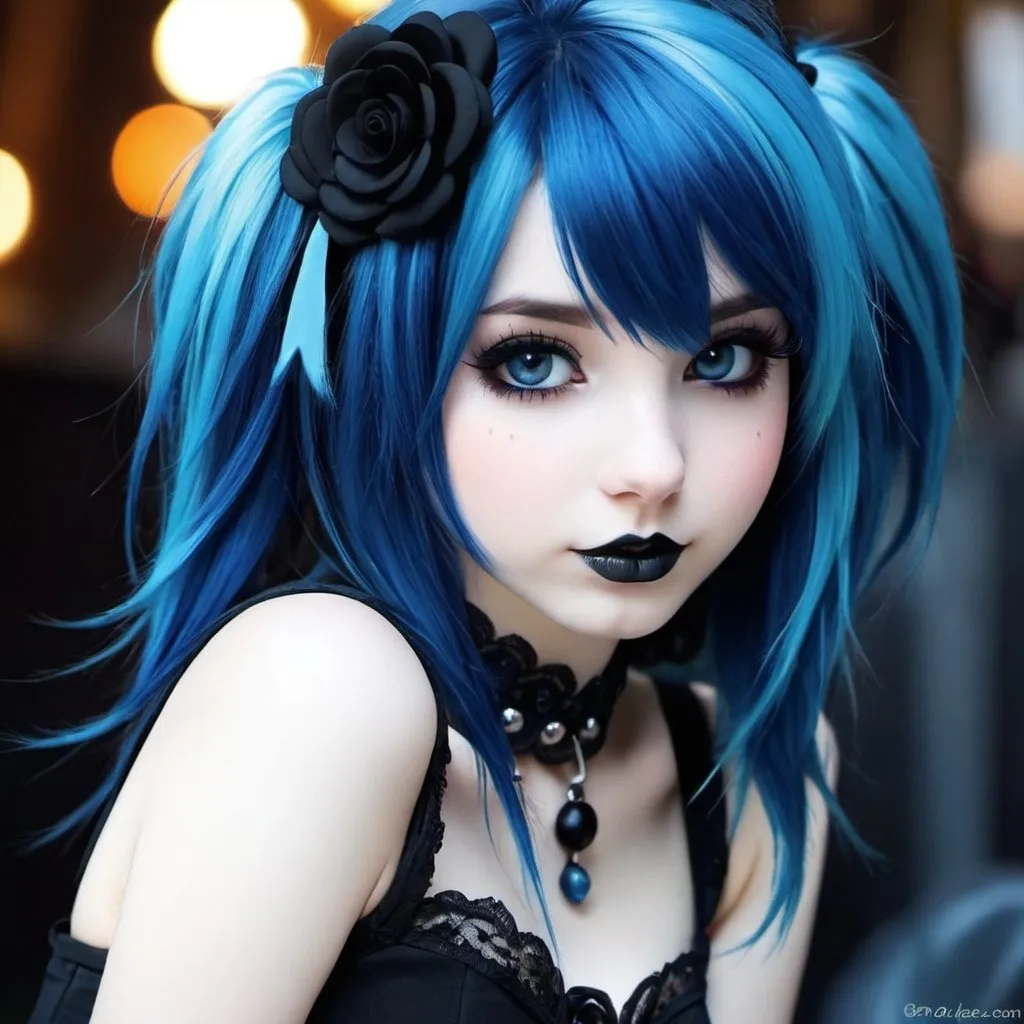 Prompt: Emo goth bunny girl, blue hair, cute, realistic, detailed