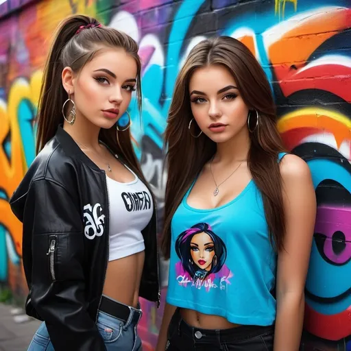 Prompt: 16 year old chav girls in urban setting, street fashion, realistic oil painting, colorful graffiti backdrop, vibrant and edgy style, casual and confident pose, detailed facial features, high quality, realistic, urban, graffiti, vibrant colors, street fashion, confident pose, colorful backdrop, oil painting, detailed expression, youthful, edgy, urban setting, realistic lighting