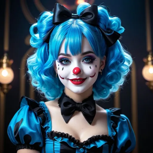 Prompt: Goth Lolita clown, smiling, blue hair, spandex bodysuit, detailed makeup, high contrast, vibrant colors, anime-style illustration, gothic, lolita, vibrant blue tones, professional, atmospheric lighting