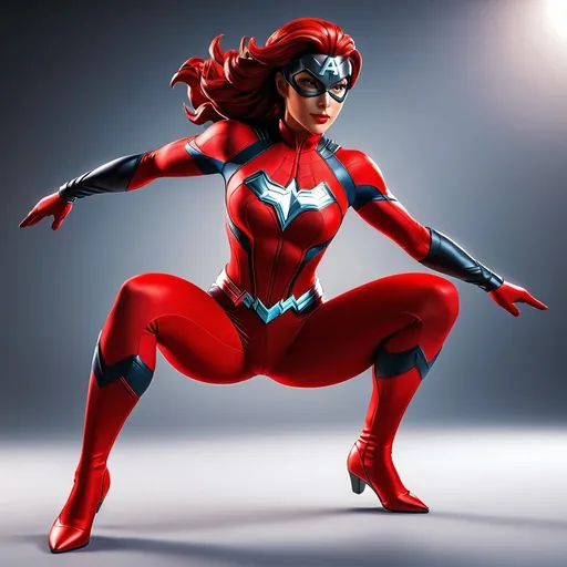 Prompt: Realistic full body view of a heroine figure in red spandex, attractive and dynamic pose, detailed musculature and realistic textures, vibrant red color tones, high-quality realistic rendering, dynamic lighting, professional superhero design, spandex material, professional, vibrant red, dynamic pose, detailed musculature, high quality, realistic, dynamic lighting