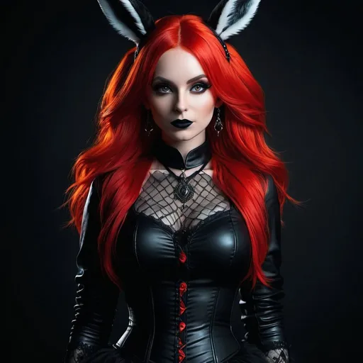 Prompt: Female goth bunny, fire red hair, full body view, posing, realistic, 4k, detailed, gothic style, dark background, intense and moody lighting, detailed eyes, realistic fur texture, professional, high quality