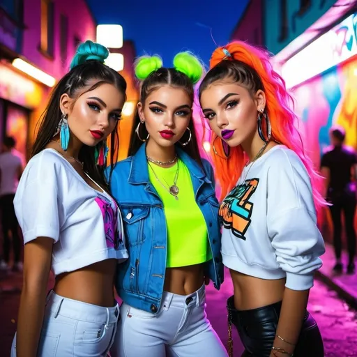 Prompt: 16-year-old chav girls at a lively party, vibrant neon colors, urban street fashion, street art backdrop, energetic and dynamic composition, high-quality, digital art, graffiti style, neon lighting, edgy and trendy, bold makeup, colorful accessories, unique hairstyles, energetic atmosphere, party vibe, modern street style, youthful energy