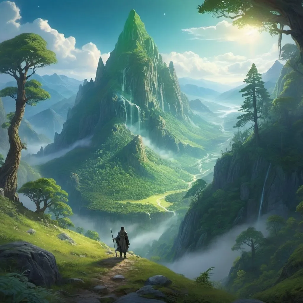 Prompt: Shinen, lone wanderer, fantasy world, highres, detailed landscape, fantasy style, majestic mountains, lush forests, magical creatures, ethereal lighting