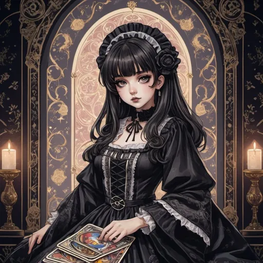 Prompt: tarot card Anime illustration, a gothic lolita, detailed ornate cloth robe, dramatic lighting