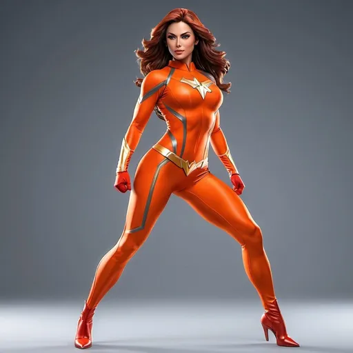 Prompt: Realistic full body view of a heroine figure in orange spandex, attractive and dynamic pose, detailed musculature and realistic textures, vibrant red color tones, high-quality realistic rendering, dynamic lighting, professional superhero design, spandex material, professional, vibrant red, dynamic pose, detailed musculature, high quality, realistic, dynamic lighting