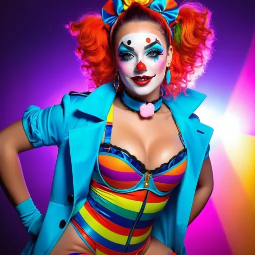 Prompt: Female chav clown, garter belt, colorful spandex clothes, high energy, vibrant colors, detailed makeup, pop art style, neon lighting, high quality, pop art, vibrant, energetic, detailed makeup, spandex, garter belt, neon lighting, colorful