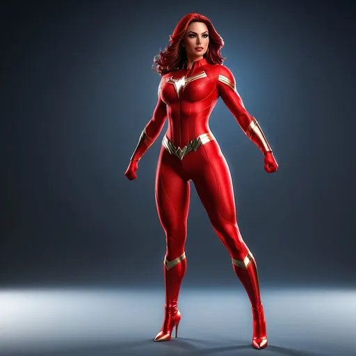 Prompt: Realistic full body view of a heroine figure in red spandex, attractive and dynamic pose, detailed musculature and realistic textures, vibrant red color tones, high-quality realistic rendering, dynamic lighting, professional superhero design, spandex material, professional, vibrant red, dynamic pose, detailed musculature, high quality, realistic, dynamic lighting