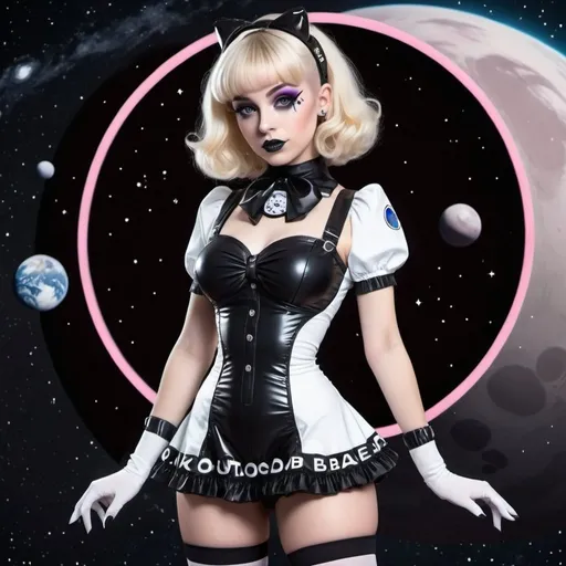 Prompt: A pinup goth lolita, alien bae style, with a space outfit, blonde girl hair, full body image, no space logo the outfit