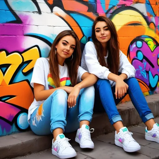 Prompt: 16-year-old chav girls at home, digital painting, colorful graffiti wall, relaxed atmosphere, high quality, urban art style, vibrant colors, natural lighting