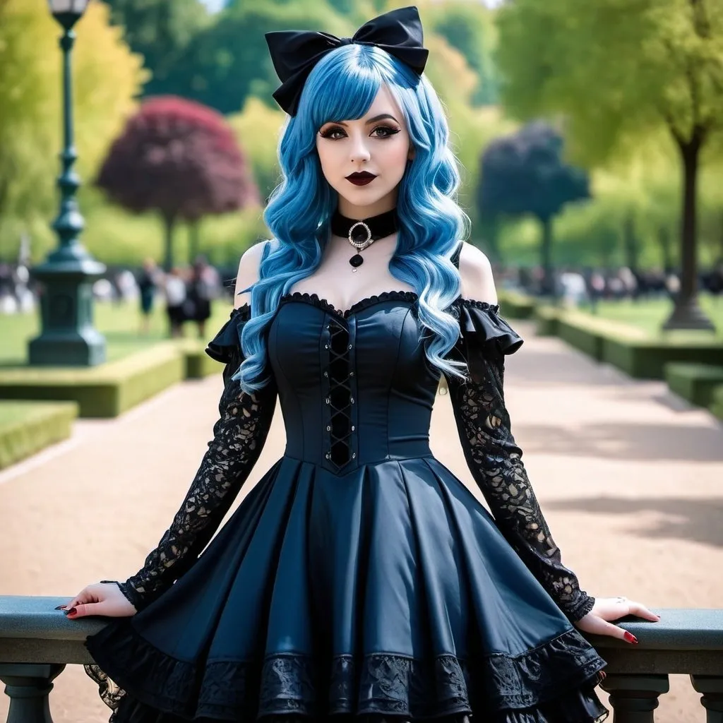 Lolita goth with blue hair in dress posing outside i...