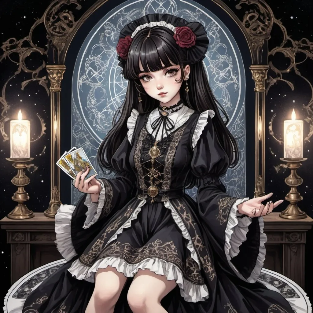 Prompt: tarot card Anime illustration, a gothic lolita, detailed ornate cloth robe, dramatic lighting