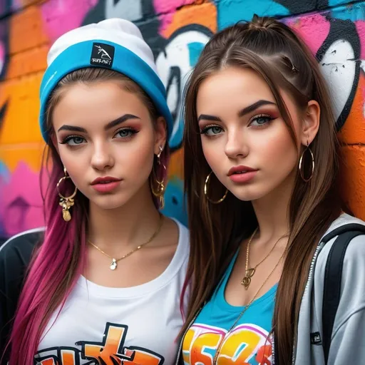 Prompt: 16 year old chav girls in urban setting, street fashion, realistic oil painting, colorful graffiti backdrop, vibrant and edgy style, casual and confident pose, detailed facial features, high quality, realistic, urban, graffiti, vibrant colors, street fashion, confident pose, colorful backdrop, oil painting, detailed expression, youthful, edgy, urban setting, realistic lighting