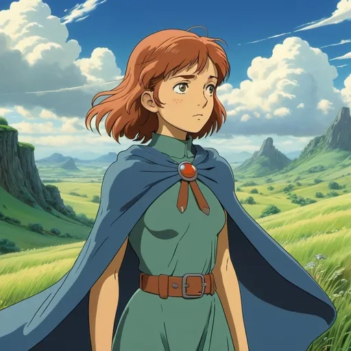 Prompt: Nausicaa in the Valley of the Wind, Studio Ghibli style, lush green landscape, post-apocalyptic, detailed and expressive facial features, flowing dress and cape, Ghibli animation, nature, environmentalism, strong winds, vibrant colors, high quality, hand-drawn, detailed environment, anime, nature lover, determined expression, beautiful sky, cinematic lighting