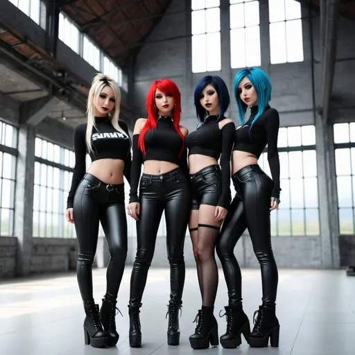 Prompt: Group alternative scene emo girls, spanex clothes, industral building, posing, realistic, detailed, 4k