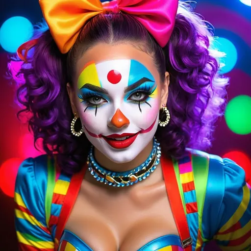 Prompt: Female chav clown, garter belt, colorful spandex clothes, high energy, vibrant colors, detailed makeup, pop art style, neon lighting, high quality, pop art, vibrant, energetic, detailed makeup, spandex, garter belt, neon lighting, colorful