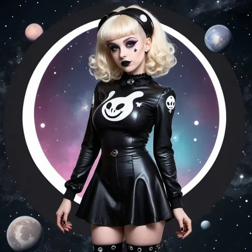 Prompt: A pinup goth lolita, alien bae style, with a space outfit, blonde girl hair, full body image, no space logo the outfit