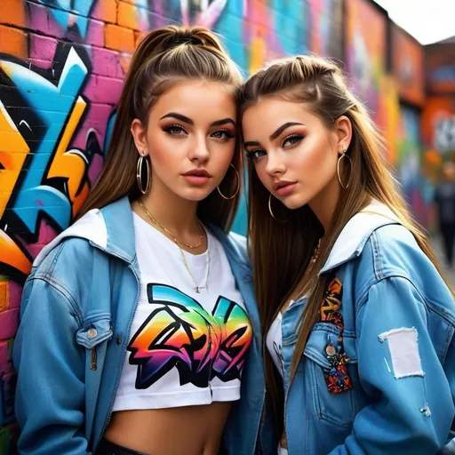 Prompt: 16 year old chav girls in urban setting, street fashion, realistic oil painting, colorful graffiti backdrop, vibrant and edgy style, casual and confident pose, detailed facial features, high quality, realistic, urban, graffiti, vibrant colors, street fashion, confident pose, colorful backdrop, oil painting, detailed expression, youthful, edgy, urban setting, realistic lighting