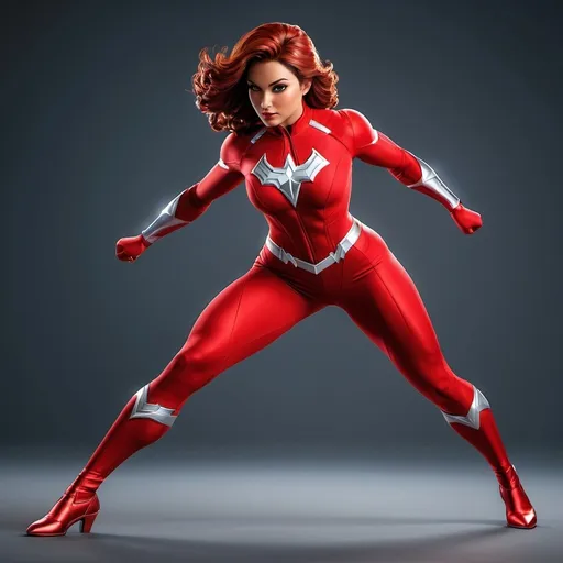 Prompt: Realistic full body view of a heroine figure in red spandex, attractive and dynamic pose, detailed musculature and realistic textures, vibrant red color tones, high-quality realistic rendering, dynamic lighting, professional superhero design, spandex material, professional, vibrant red, dynamic pose, detailed musculature, high quality, realistic, dynamic lighting