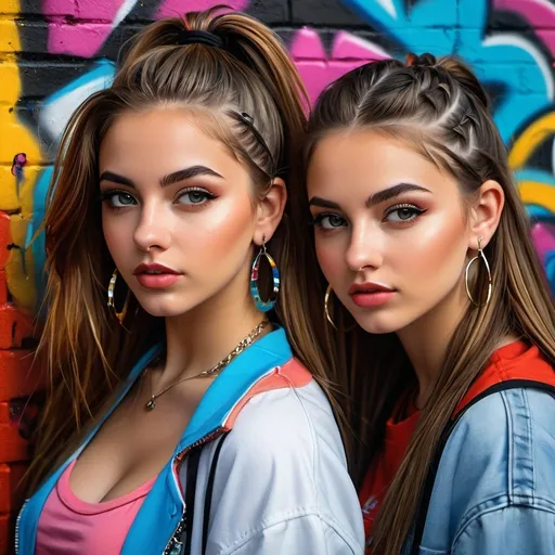 Prompt: 16 year old chav girls in urban setting, street fashion, realistic oil painting, colorful graffiti backdrop, vibrant and edgy style, casual and confident pose, detailed facial features, high quality, realistic, urban, graffiti, vibrant colors, street fashion, confident pose, colorful backdrop, oil painting, detailed expression, youthful, edgy, urban setting, realistic lighting