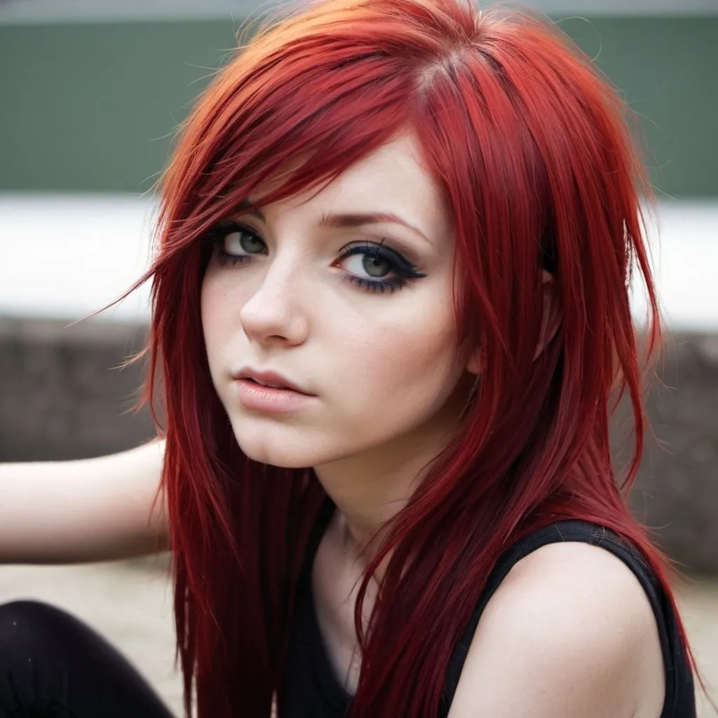 Prompt: alternative scene girl, shiny red hair