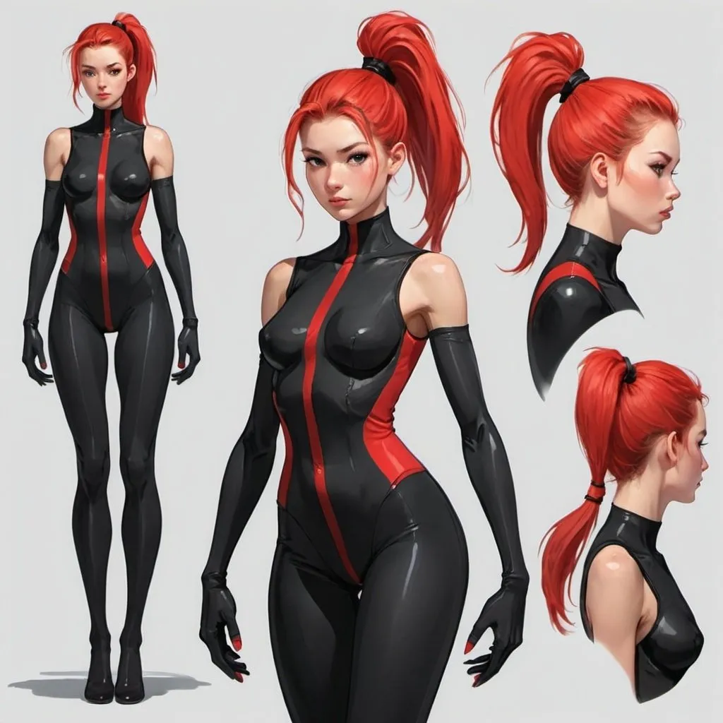 Prompt: Character design sheet woman red ponytail black bodysuit