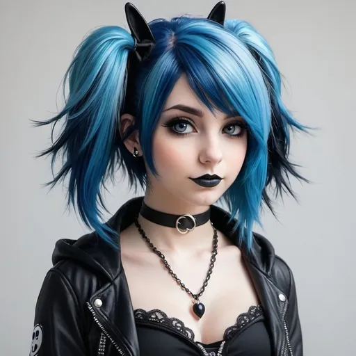 Prompt: Female emo goth bunny, blue hair, realistic, detailed, full body view