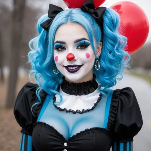 Prompt: Goth Lolita clown, smiling, blue hair, spandex bodysuit