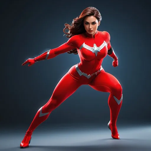 Prompt: Realistic full body view of a heroine figure in red spandex, attractive and dynamic pose, detailed musculature and realistic textures, vibrant red color tones, high-quality realistic rendering, dynamic lighting, professional superhero design, spandex material, professional, vibrant red, dynamic pose, detailed musculature, high quality, realistic, dynamic lighting