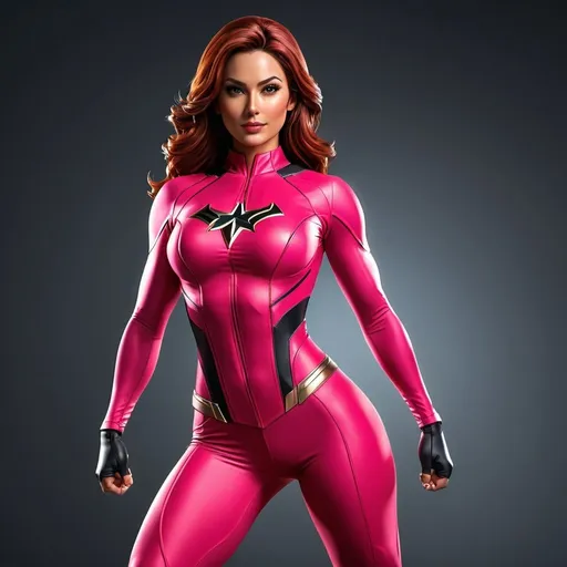 Prompt: Realistic full body view of a heroine figure in pink spandex, attractive and dynamic pose, detailed musculature and realistic textures, vibrant red color tones, high-quality realistic rendering, dynamic lighting, professional superhero design, spandex material, professional, vibrant red, dynamic pose, detailed musculature, high quality, realistic, dynamic lighting