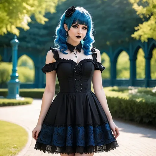 Prompt: Lolita goth with blue hair in dress posing outside in park, detailed background, full body view, wave gothic meeting, sunny day, professional, highres, detailed, gothic, detailed dress, blue hair, intricate background, outdoor, sunny, elaborate, wave gothic, full body, atmospheric lighting